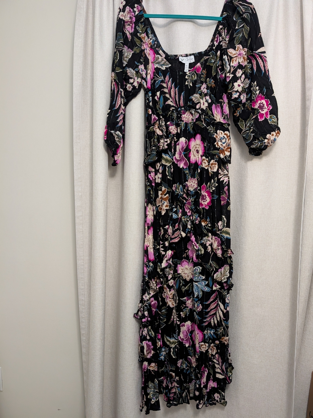 Jessica Simpson Black Floral Puff-Sleeve Maxi Dress with Pink Accents